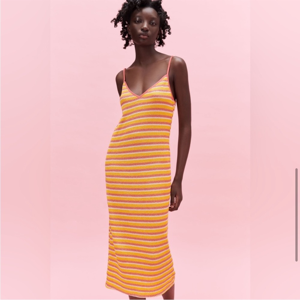 Zara | Striped Jacquard Crochet Knit Midi Dress